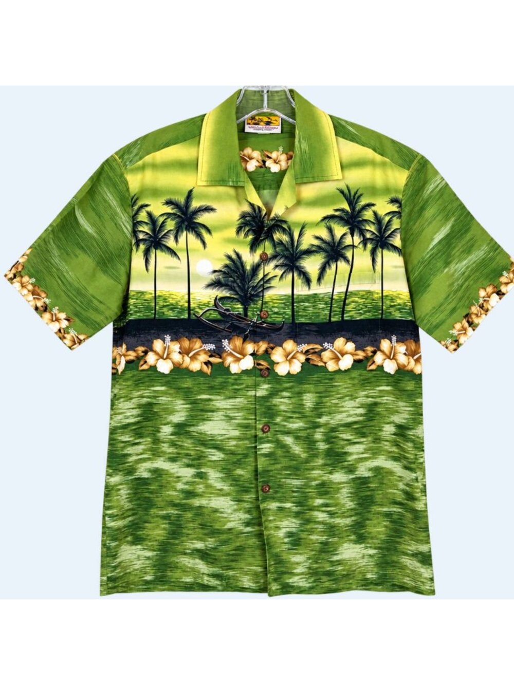 Winnie Fashion Hawaiian Shirt Mens M Vintage Aloha Floral Green Made in Hawaii